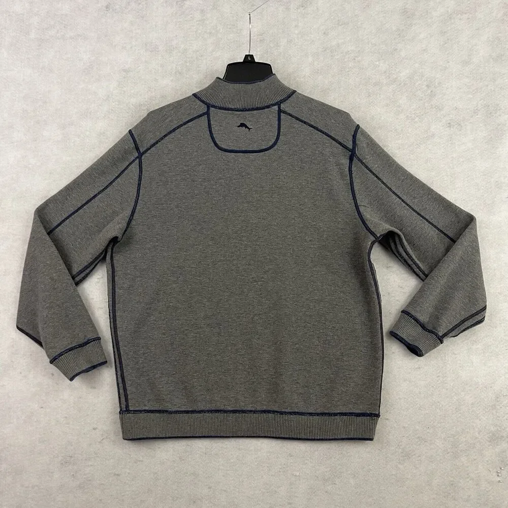 Tommy Bahama 1/4 Zip Sweater Mens Large Gray Blue Reversible Pullover Casual